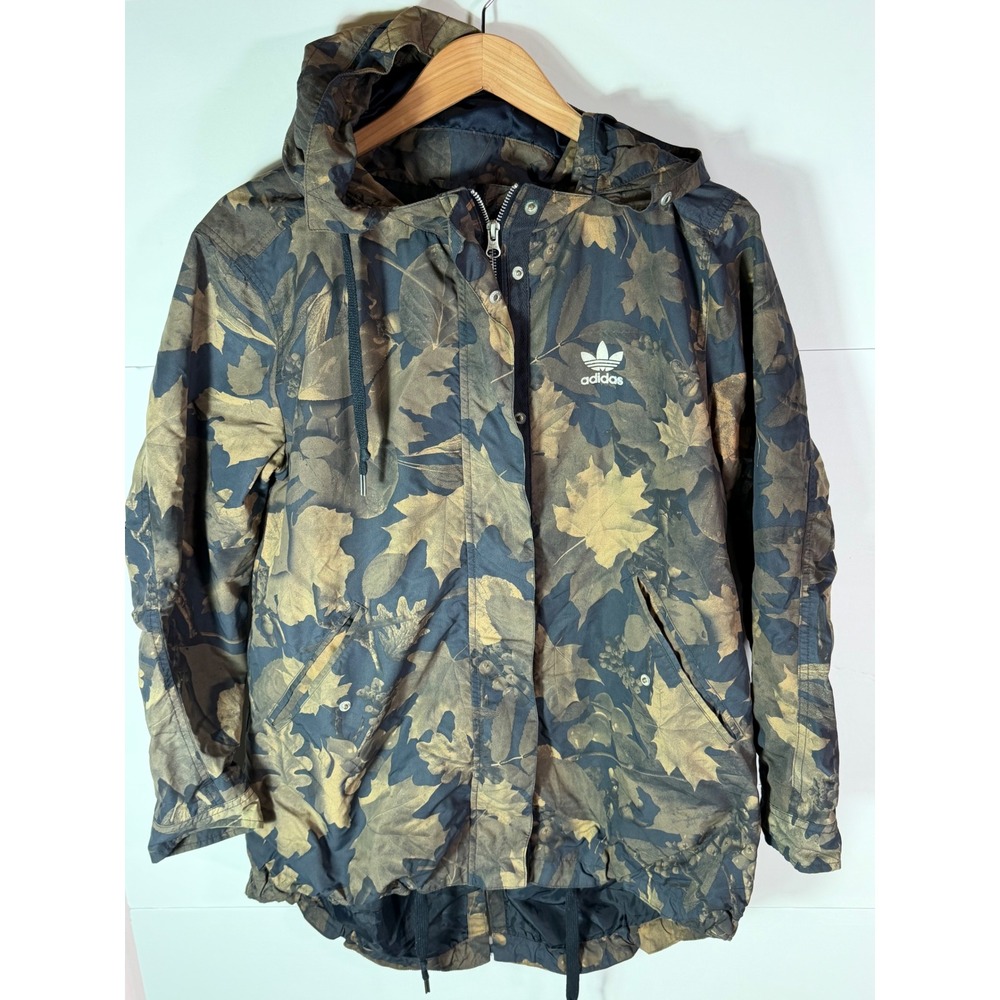 Adidas Originals Women Leaf Camo Print Windbreaker Hooded Jacket Brown Small